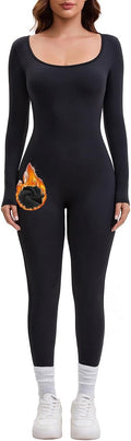 Womens Fleece Lined Scoop Neck Long Sleeve Jumpsuit Thermal Sexy Tummy Control Ski Snow One Piece Bodycon Playsuit