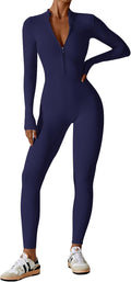 Women Long Sleeve Bodycon Jumpsuits Workout Zip Up Unitard One Piece Full Bodysuits Sexy Yoga Rompers Pants