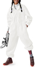 Womens Fleece Jumpsuits Onesie Winter Warm Overalls Casual Loose Ladies Ski Suit Outfits with Pockets S-XL