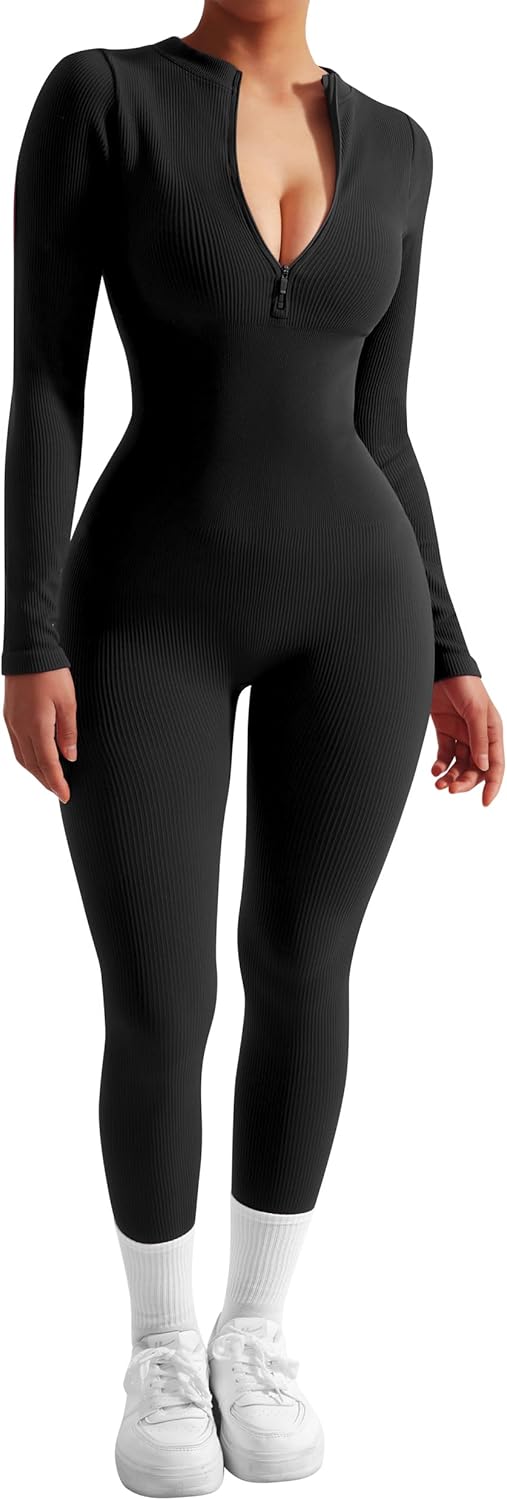 Women Long Sleeve Ribbed Jumpsuit Zip up Front Workout Bodycon Romper