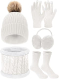 5 Pcs Women Winter Warm Hat and Gloves Scarf Set Knitted Beanie Ski Outing Pompom Hat Winter Ear Warmer Ski Earmuffs Stocking