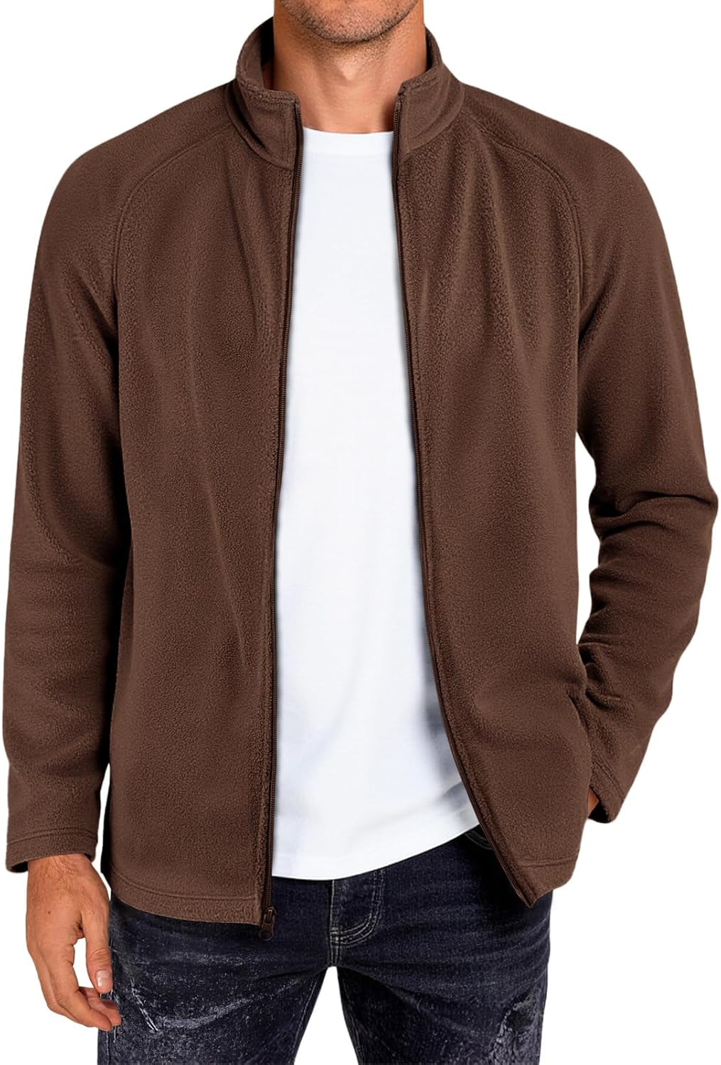 Mens Fleece Jacket Full Zip Lightweight Stand Collar Warm Jackets Casual Outdoor Windproof Coat with Pockets