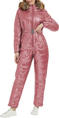 Women Ski Suit Jumpsuit, Winter Onesies Outdoor Sports Waterproof Snowsuit One Piece with Hood Removable Fur Collar