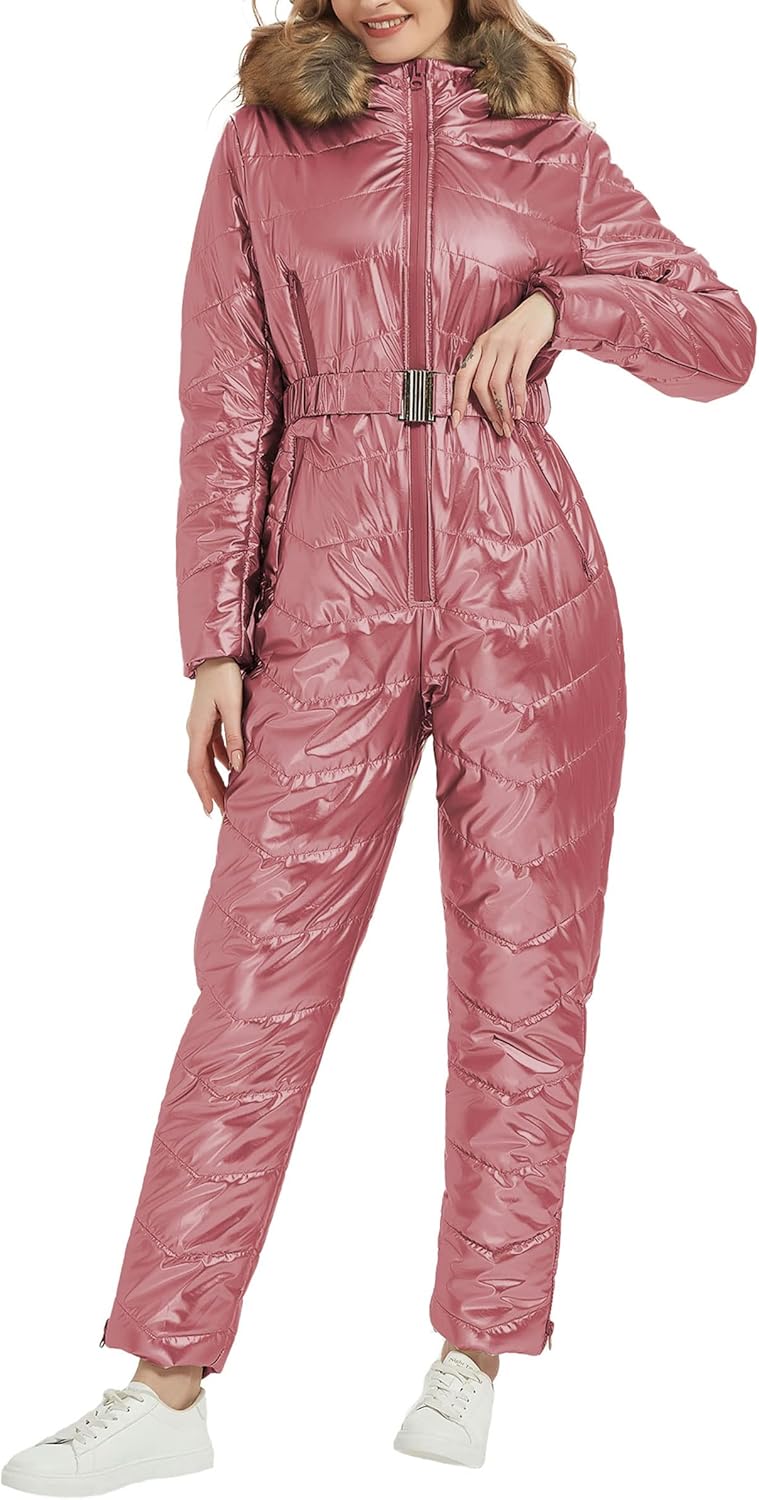 Women Ski Suit Jumpsuit, Winter Onesies Outdoor Sports Waterproof Snowsuit One Piece with Hood Removable Fur Collar