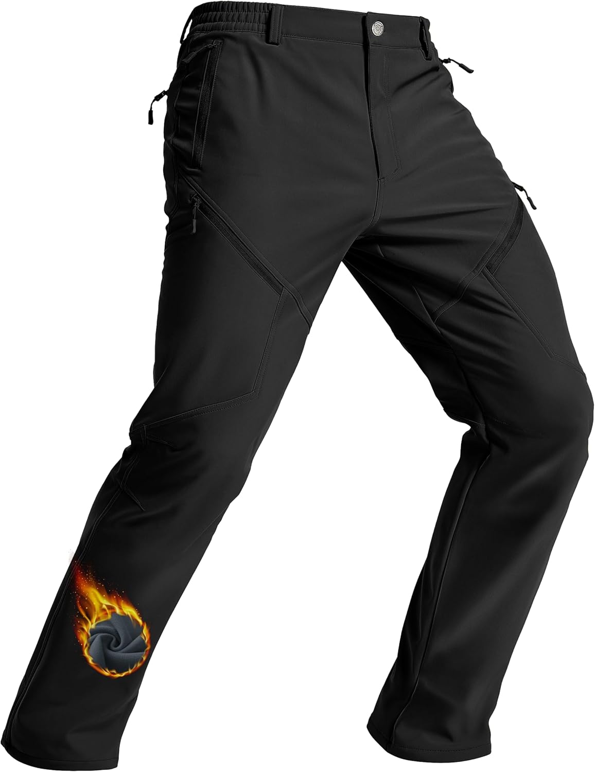 Men's Winter Hiking Pants Fleece Lined Waterproof Softshell Snow Ski Insulated Work Cargo Pants with 6 Zip Pockets