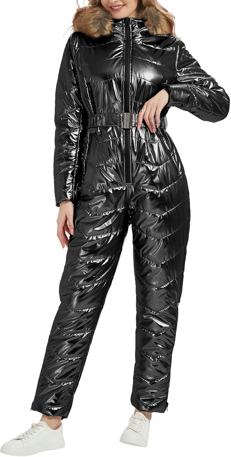 Women Ski Suit Jumpsuit, Winter Onesies Outdoor Sports Waterproof Snowsuit One Piece with Hood Removable Fur Collar
