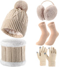 5 Pcs Winter Hat Scarf Gloves Set Fleece Lined Knit Beanie Hat Warm Touch Screen Gloves Earmuff Warmer for Women(Beige,Rhombus Pattern)
