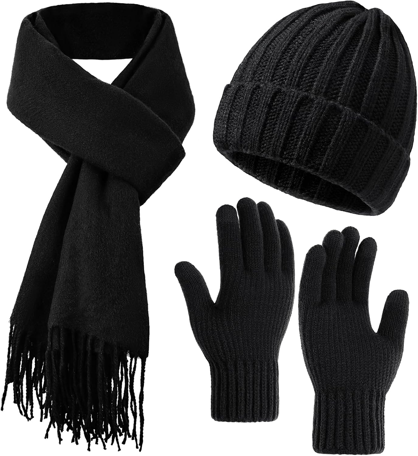 Winter Hat Beanie Long Scarf Touchscreen Gloves Set, 3Pcs Soft Thick Fleece Lined Gloves Skull Cap Scarf Set for Women Men