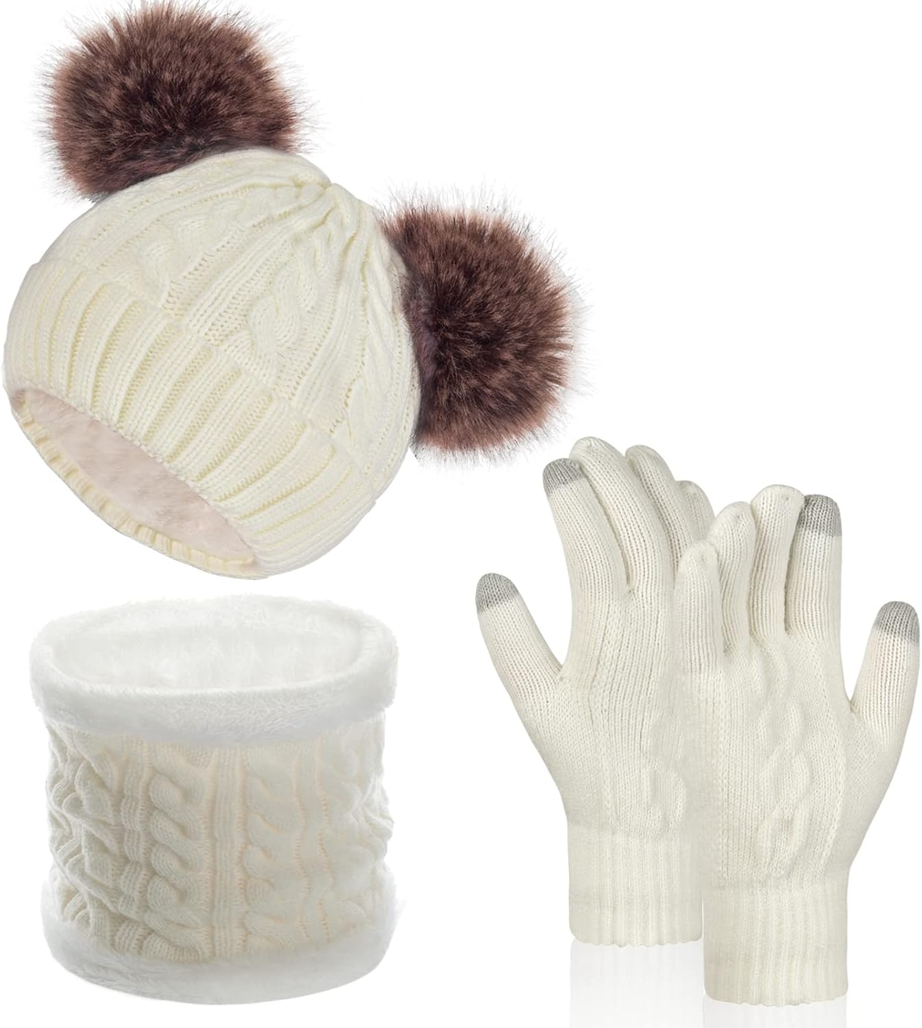Women Knit Beanie with Pompom, Fleece Lined Neck Warmer & Touchscreen Gloves Set - Winter Thermal Accessories Christmas Gift