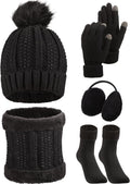 5 Pcs Winter Hat Scarf Gloves Set Fleece Lined Knit Beanie Hat Warm Touch Screen Gloves Earmuff Warmer for Women(Black,Classic Style)