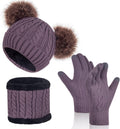 Women Knit Beanie with Pompom, Fleece Lined Neck Warmer & Touchscreen Gloves Set - Winter Thermal Accessories Christmas Gift
