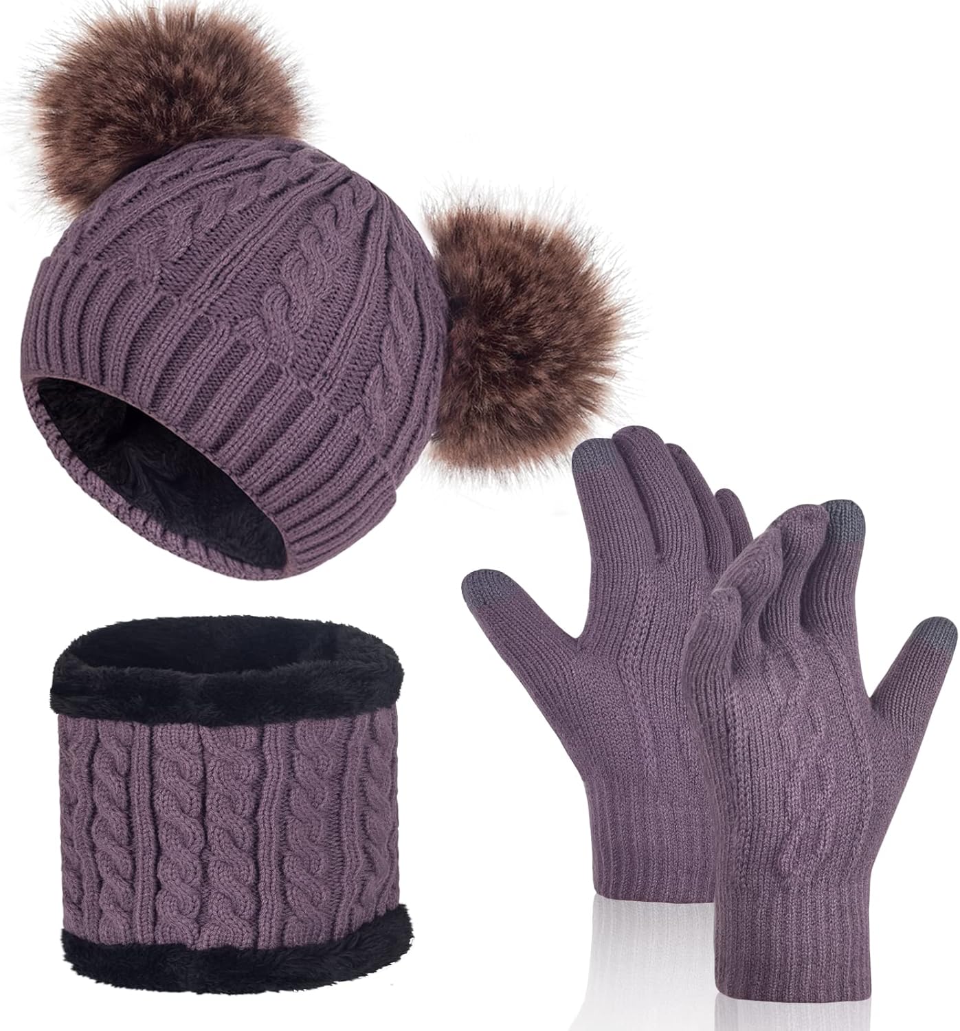 Women Knit Beanie with Pompom, Fleece Lined Neck Warmer & Touchscreen Gloves Set - Winter Thermal Accessories Christmas Gift