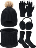 5 Pcs Women Winter Warm Hat and Gloves Scarf Set Knitted Beanie Ski Outing Pompom Hat Winter Ear Warmer Ski Earmuffs Stocking