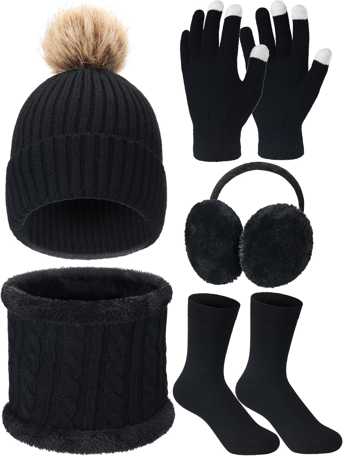 5 Pcs Women Winter Warm Hat and Gloves Scarf Set Knitted Beanie Ski Outing Pompom Hat Winter Ear Warmer Ski Earmuffs Stocking