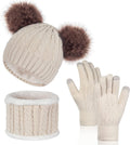 Women Knit Beanie with Pompom, Fleece Lined Neck Warmer & Touchscreen Gloves Set - Winter Thermal Accessories Christmas Gift
