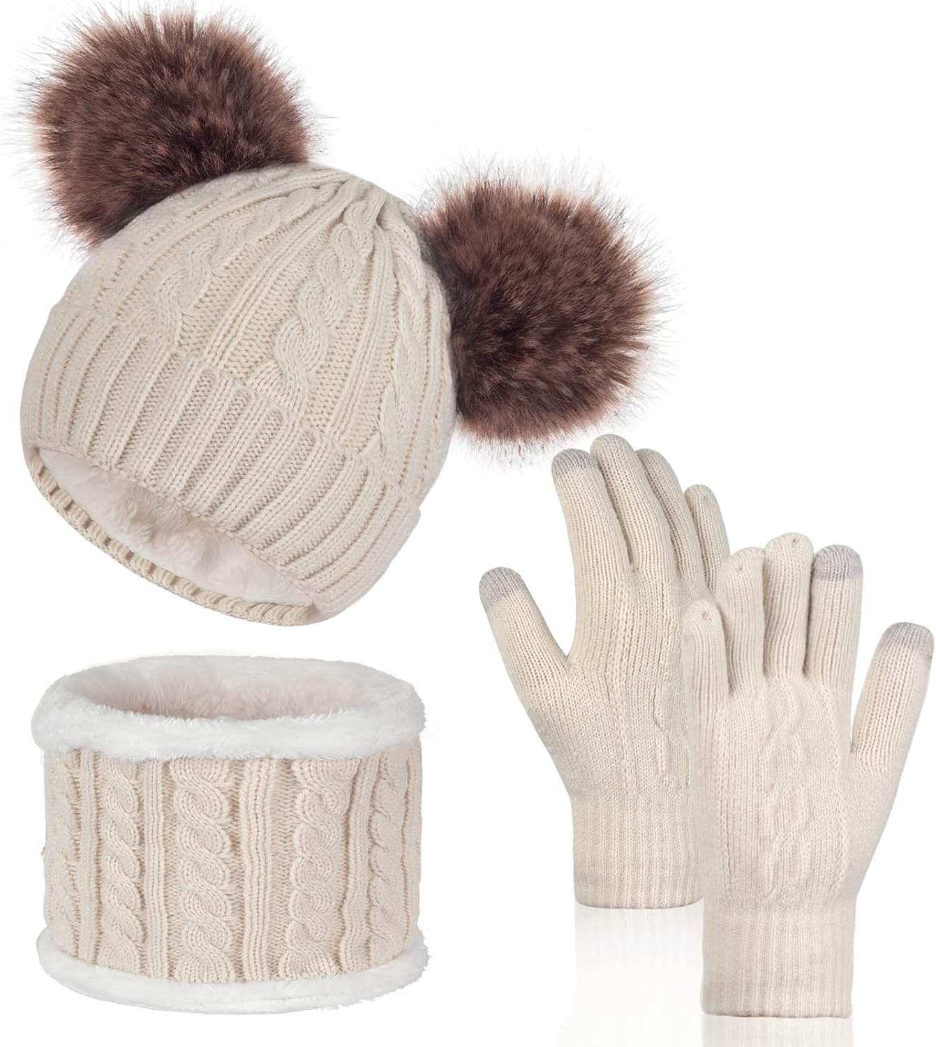 Women Knit Beanie with Pompom, Fleece Lined Neck Warmer & Touchscreen Gloves Set - Winter Thermal Accessories Christmas Gift
