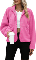 Womens Fleece Jacket Fuzzy Long Sleeve Short Winter Coats Button Down Sherpa Jacket Outerwear with Pockets