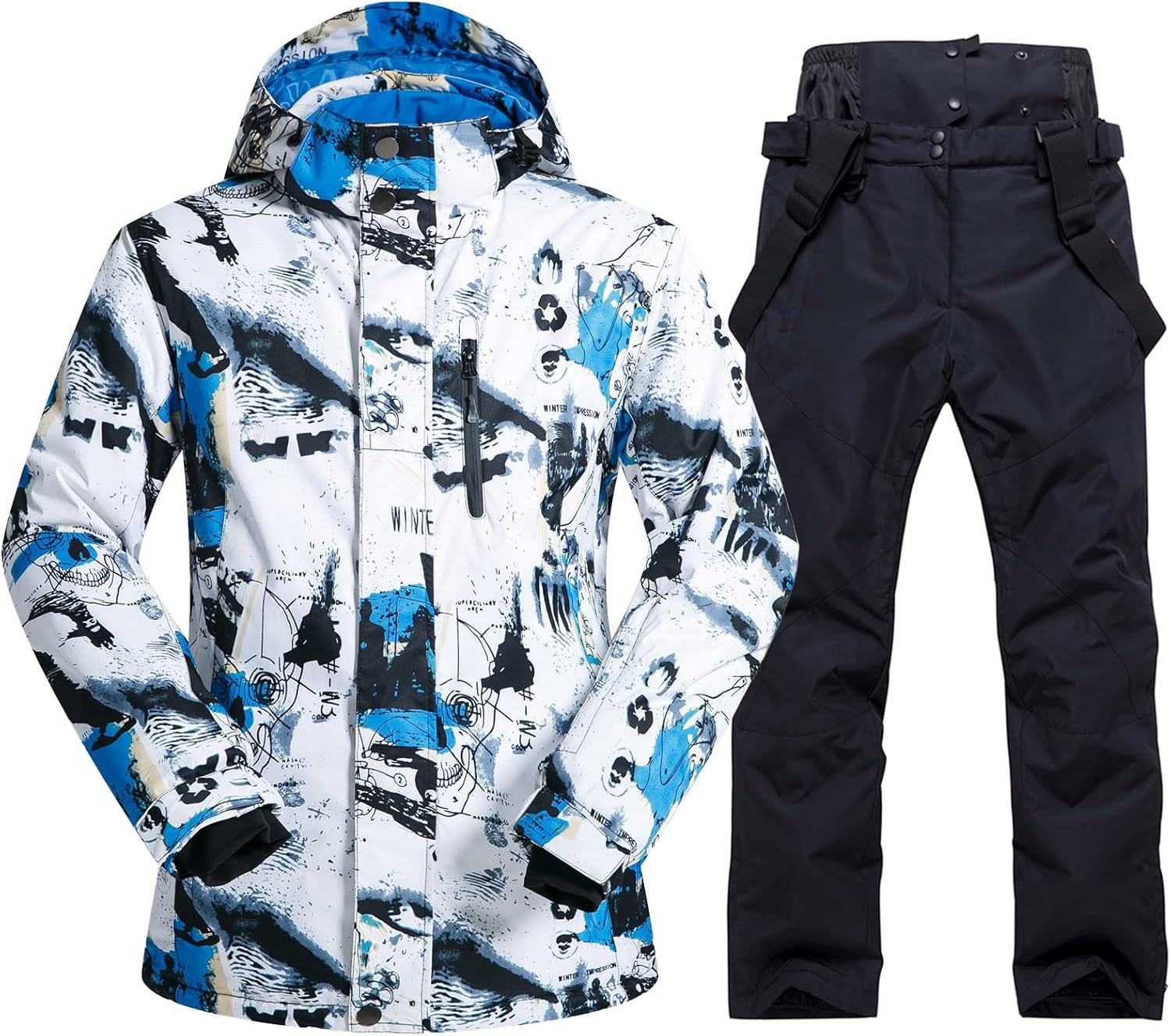 Mens Ski Jacket and Pants Set Ski Suit Winter Waterproof Windproof Hooded Snow Coat 2 Pieces Snowboarding Snowsuits