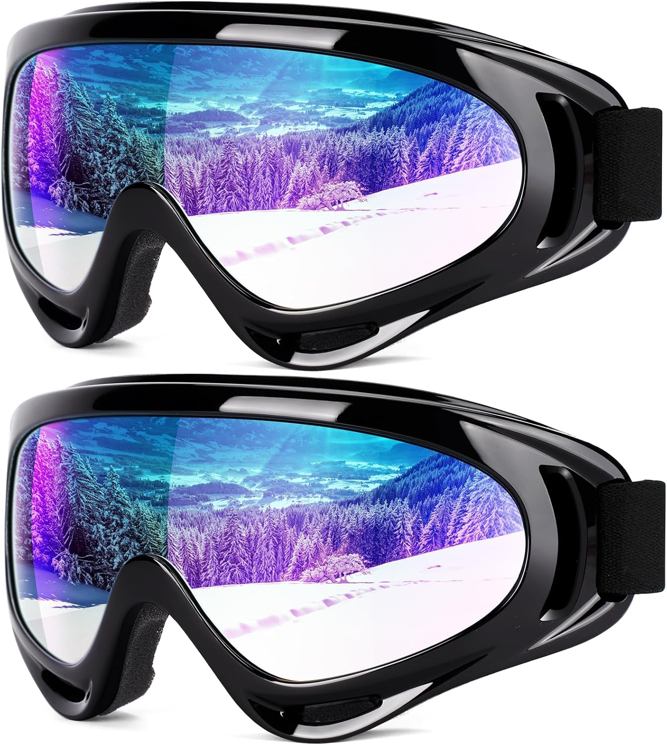 2-Pack Snow Ski Goggles, Snowboard Goggles for Men, Women, Youth, Kids, Boys or Girls, Snowmobile Goggles