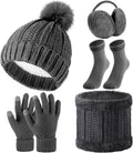 5 Pcs Winter Hat Scarf Gloves Set Fleece Lined Knit Beanie Hat Warm Touch Screen Gloves Earmuff Warmer for Women(Dark Grey,Classic Style)