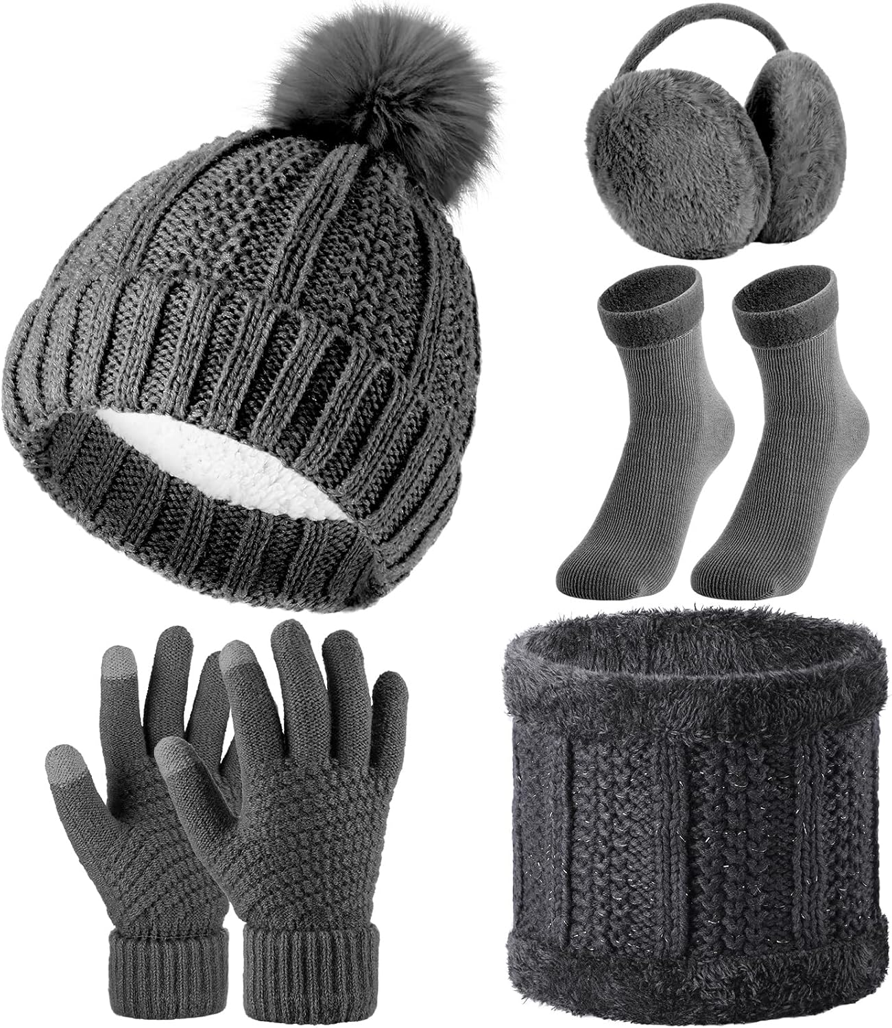 5 Pcs Winter Hat Scarf Gloves Set Fleece Lined Knit Beanie Hat Warm Touch Screen Gloves Earmuff Warmer for Women(Dark Grey,Classic Style)