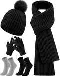 5 Pieces Winter Beanie Hat Scarf Touchscreen Gloves and Thick Socks Set Knit Fleece Lined Warmer for Men and Women(Black,Pompom)
