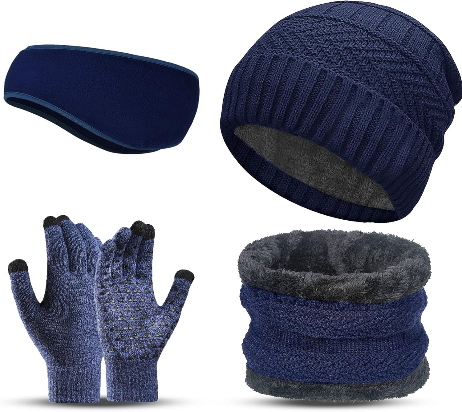 Ski Winter Hat Scarf Gloves Set for Men, Knit Beanie Hat Neck Warmer Scarf Touch Screen Gloves and Ear Warmer