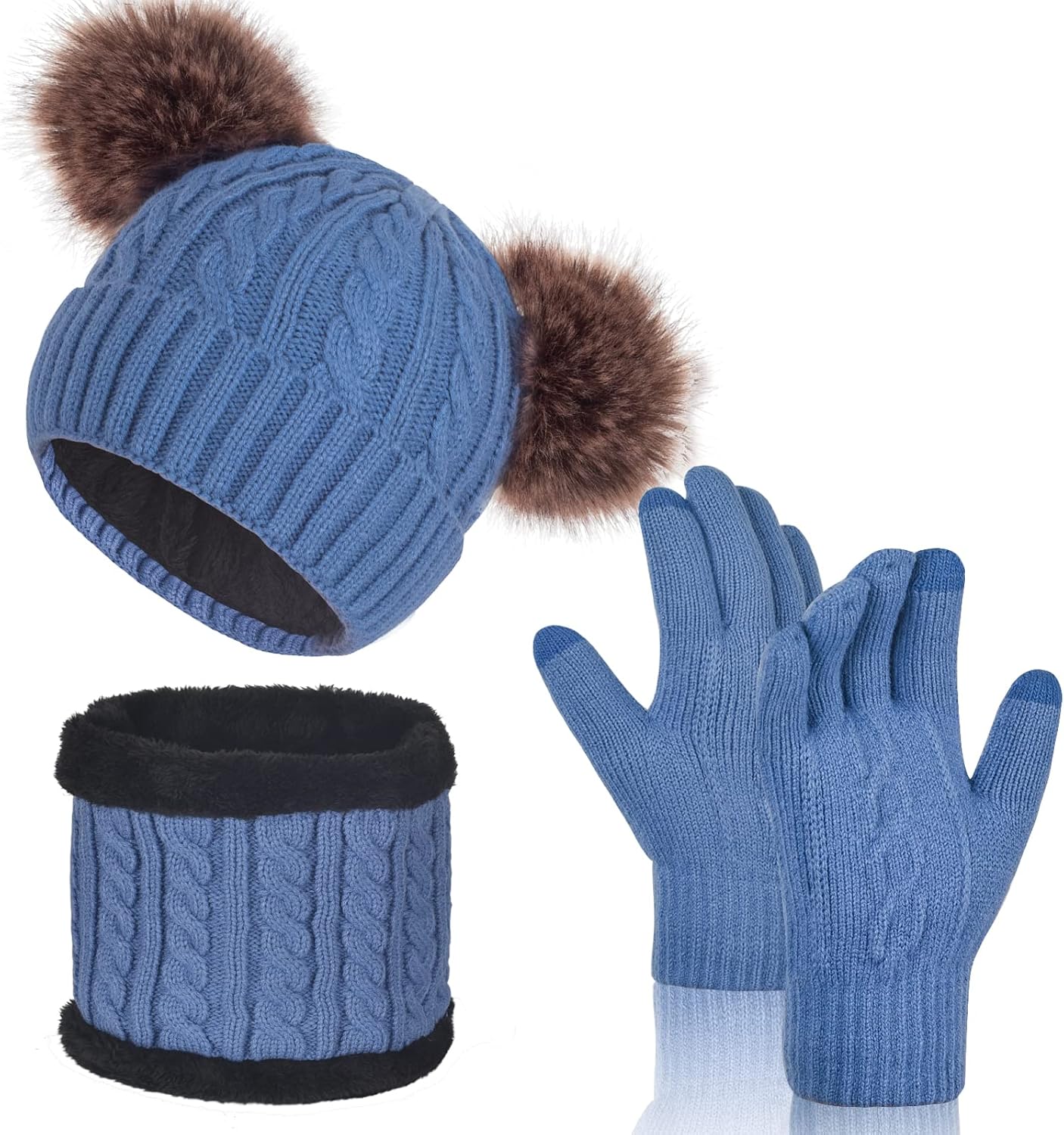 Women Knit Beanie with Pompom, Fleece Lined Neck Warmer & Touchscreen Gloves Set - Winter Thermal Accessories Christmas Gift