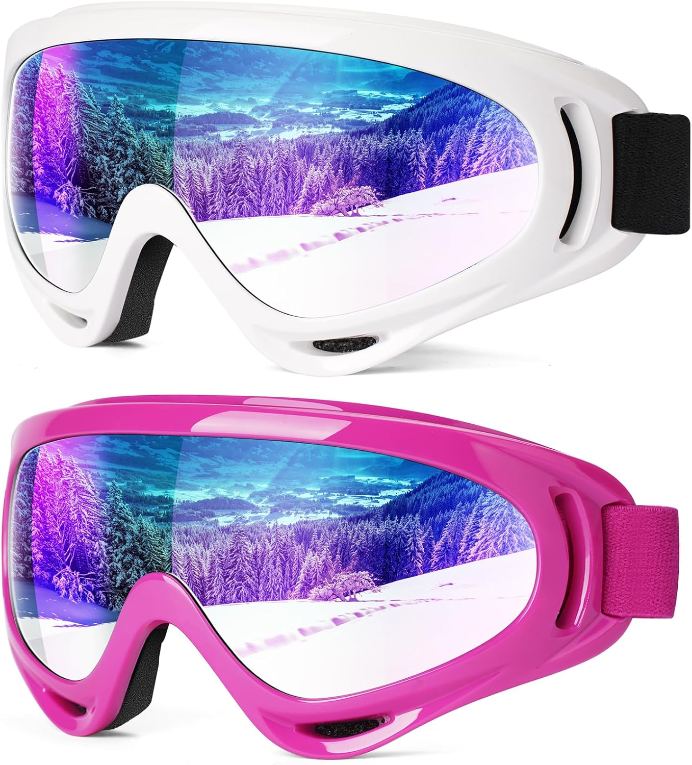 2-Pack Snow Ski Goggles, Snowboard Goggles for Men, Women, Youth, Kids, Boys or Girls, Snowmobile Goggles